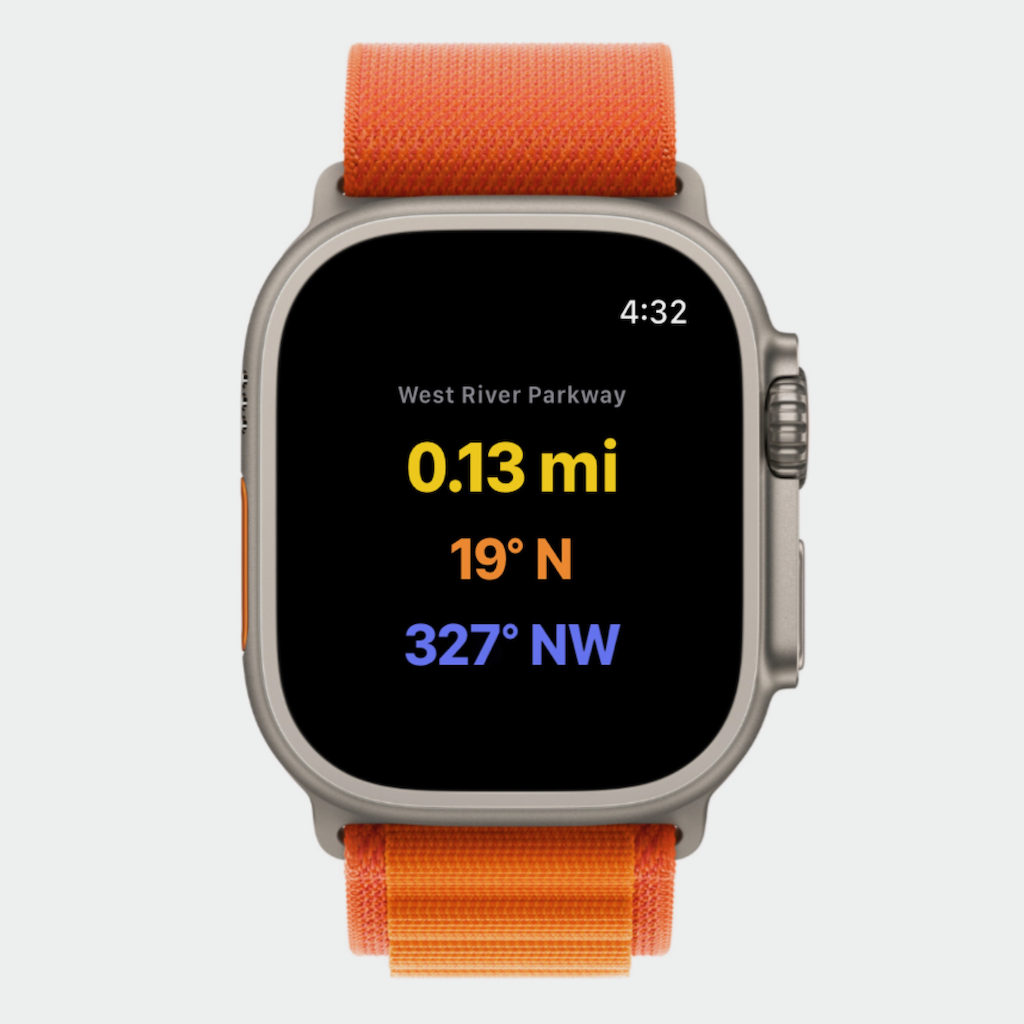 To Trail on Apple Watch showing NE 58° and 143.82 mi