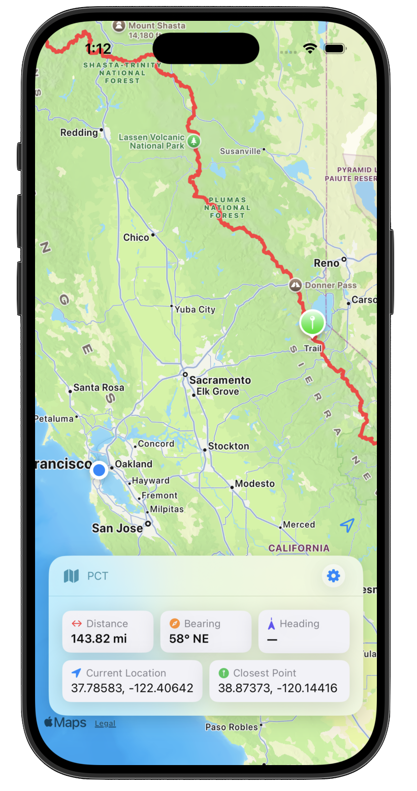 To Trail on iPhone showing trail info, distance 143.821 mi, bearing 57.8°